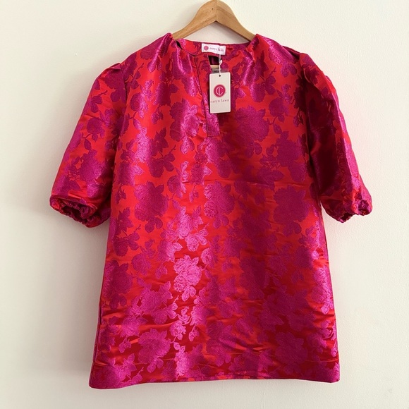 CARYN LAWN Asher Floral Jacquard Puff Sleeve Mini Dress Metallic Red Pink OS - Picture 10 of 15